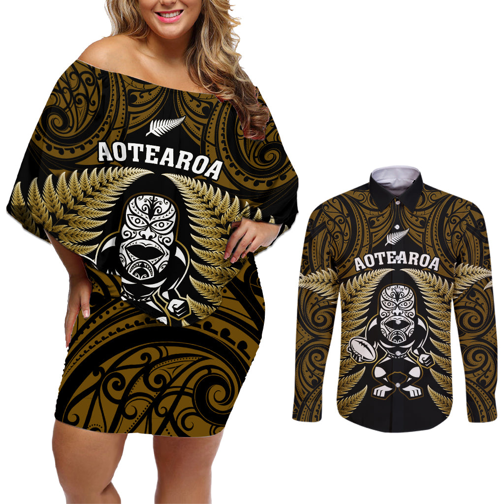 New Zealand Aotearoa Rugby Couples Matching Off Shoulder Short Dress and Long Sleeve Button Shirts NZ Tiki With Maori Fern World Cup Gold Version LT14 Gold - Polynesian Pride