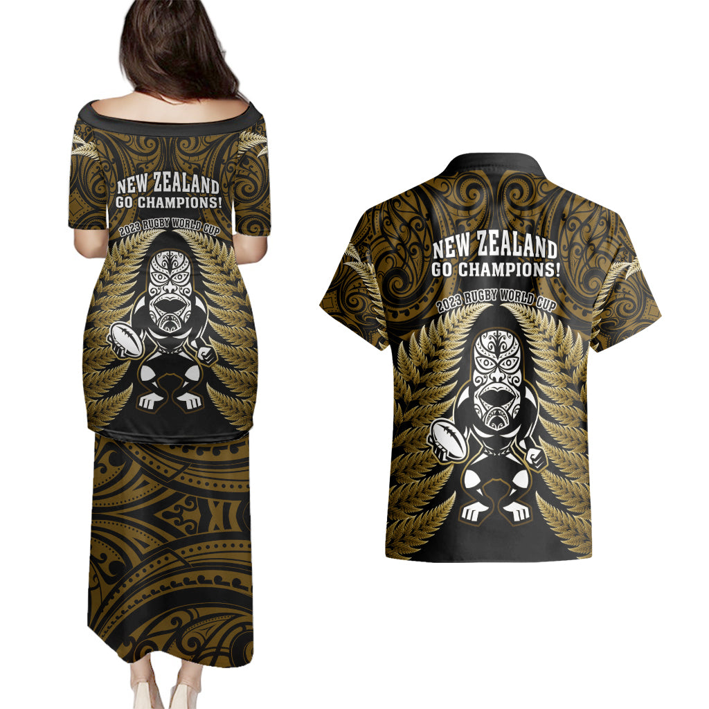 New Zealand Aotearoa Rugby Couples Matching Puletasi Dress and Hawaiian Shirt NZ Tiki With Maori Fern World Cup Gold Version LT14 - Polynesian Pride