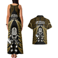 New Zealand Aotearoa Rugby Couples Matching Tank Maxi Dress and Hawaiian Shirt NZ Tiki With Maori Fern World Cup Gold Version LT14 - Polynesian Pride