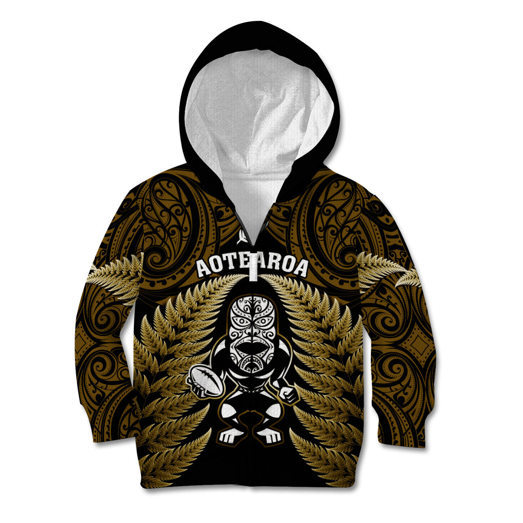New Zealand Aotearoa Rugby Kid Hoodie NZ Tiki With Maori Fern World Cup Gold Version LT14 Zip Hoodie Gold - Polynesian Pride