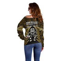 New Zealand Aotearoa Rugby Off Shoulder Sweater NZ Tiki With Maori Fern World Cup Gold Version LT14 - Polynesian Pride