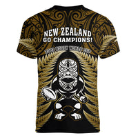 New Zealand Aotearoa Rugby Women V Neck T Shirt NZ Tiki With Maori Fern World Cup Gold Version LT14 - Polynesian Pride