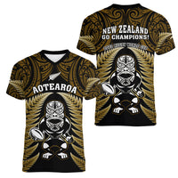 New Zealand Aotearoa Rugby Women V Neck T Shirt NZ Tiki With Maori Fern World Cup Gold Version LT14 - Polynesian Pride
