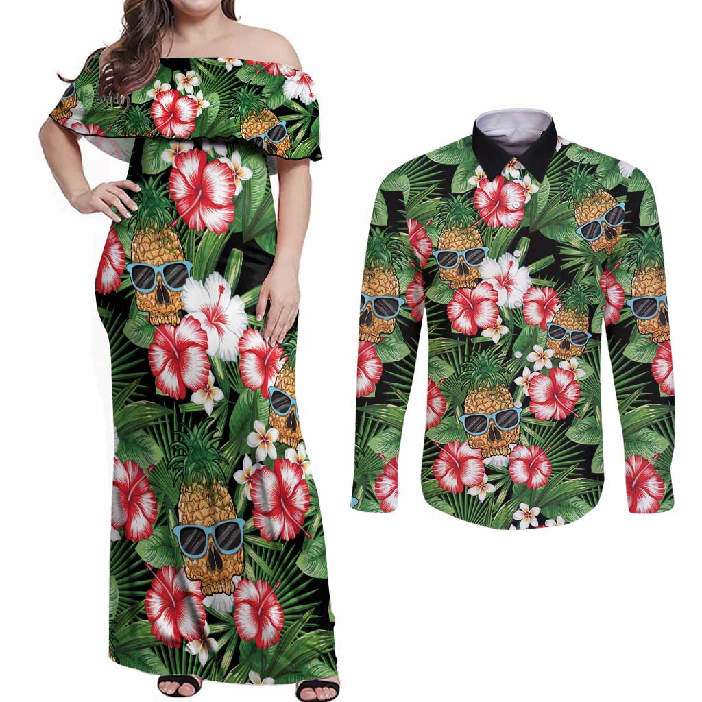 Pineapple Skull Aloha Hawaii Couples Matching Off Shoulder Maxi Dress and Long Sleeve Button Shirt Summer Vibes Tropical Seamless Pattern - Polynesian Pride
