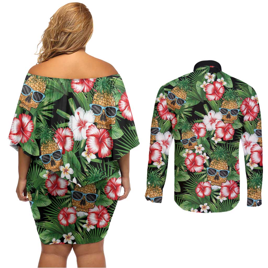 Pineapple Skull Aloha Hawaii Couples Matching Off Shoulder Short Dress and Long Sleeve Button Shirt Summer Vibes Tropical Seamless Pattern - Polynesian Pride