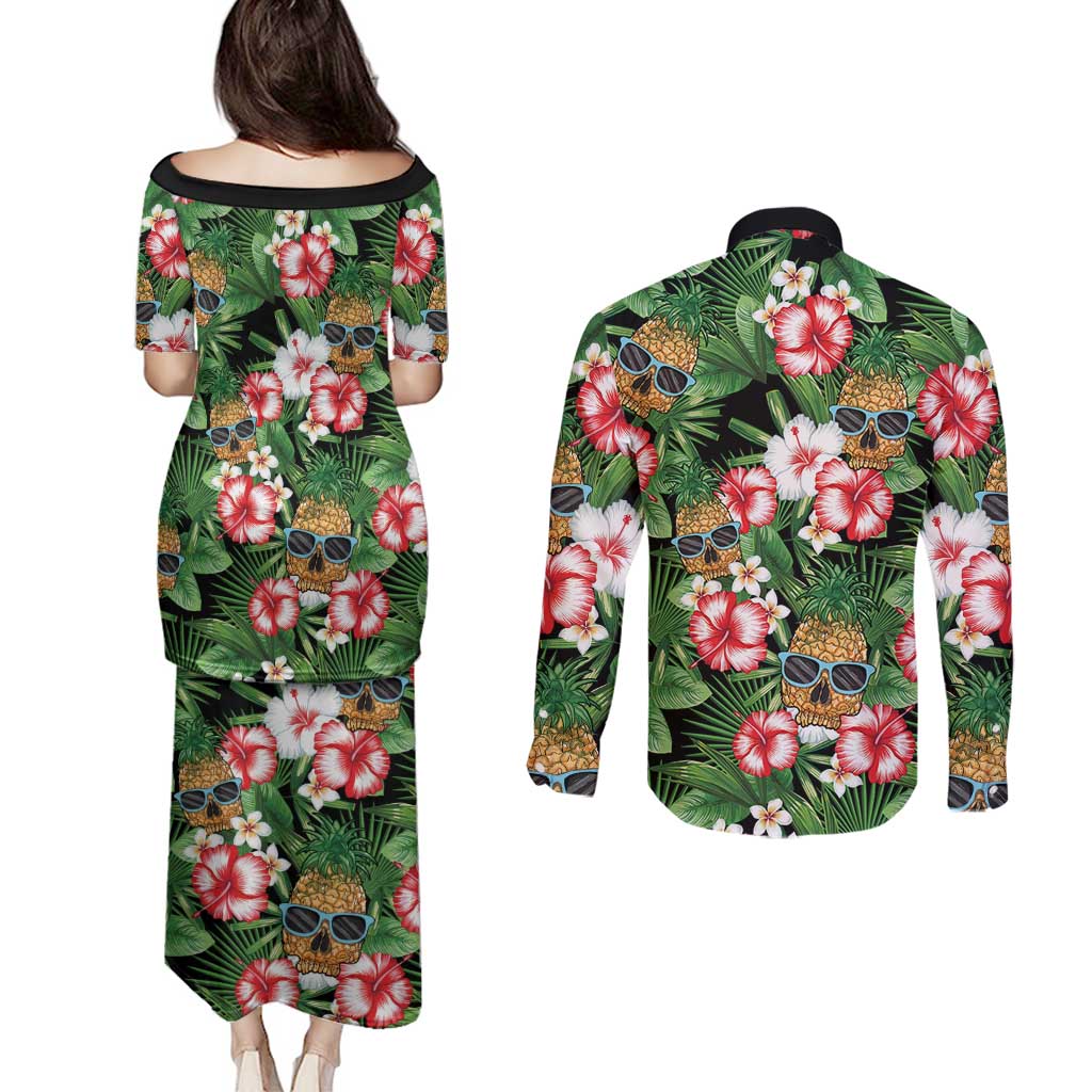 Pineapple Skull Aloha Hawaii Couples Matching Puletasi and Long Sleeve Button Shirt Summer Vibes Tropical Seamless Pattern - Polynesian Pride