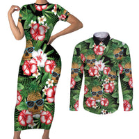 Pineapple Skull Aloha Hawaii Couples Matching Short Sleeve Bodycon Dress and Long Sleeve Button Shirt Summer Vibes Tropical Seamless Pattern - Polynesian Pride