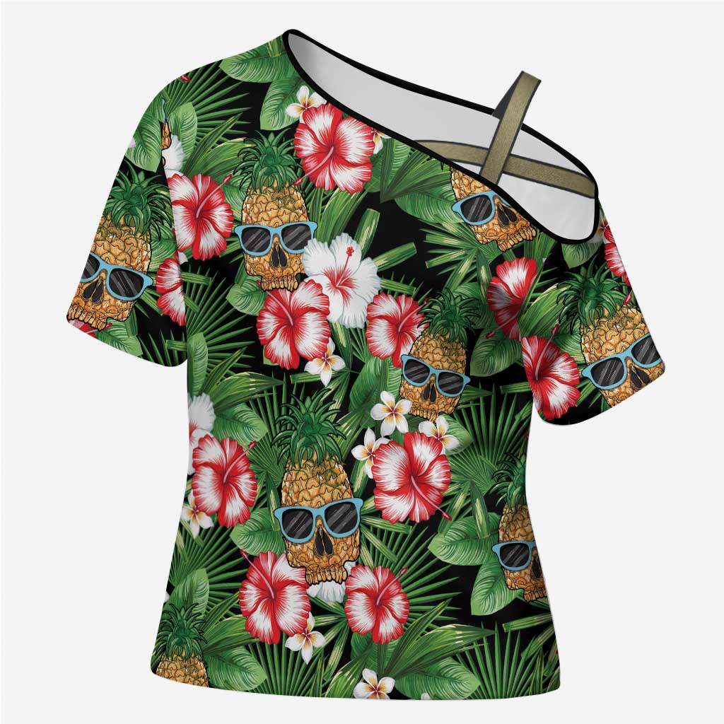 Pineapple Skull Aloha Hawaii Cross Shoulder Shirt Summer Vibes Tropical Seamless Pattern - Polynesian Pride