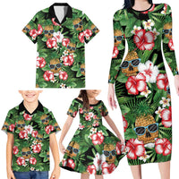 Pineapple Skull Aloha Hawaii Family Matching Long Sleeve Bodycon Dress and Hawaiian Shirt Summer Vibes Tropical Seamless Pattern - Polynesian Pride
