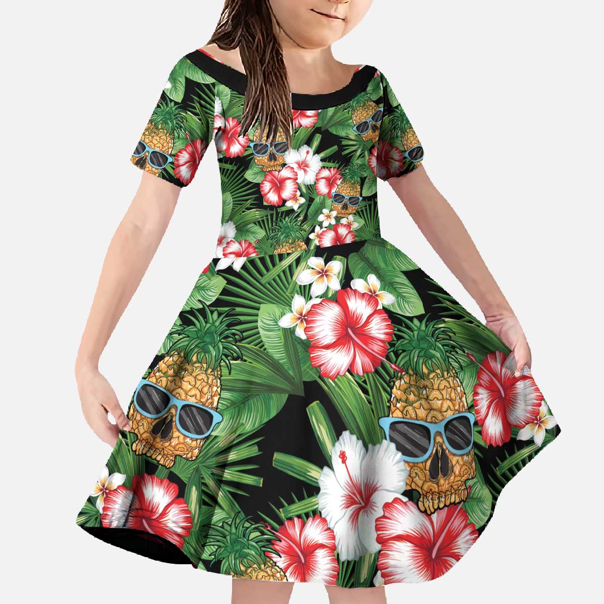 Pineapple Skull Aloha Hawaii Family Matching Off The Shoulder Long Sleeve Dress and Hawaiian Shirt Summer Vibes Tropical Seamless Pattern - Polynesian Pride