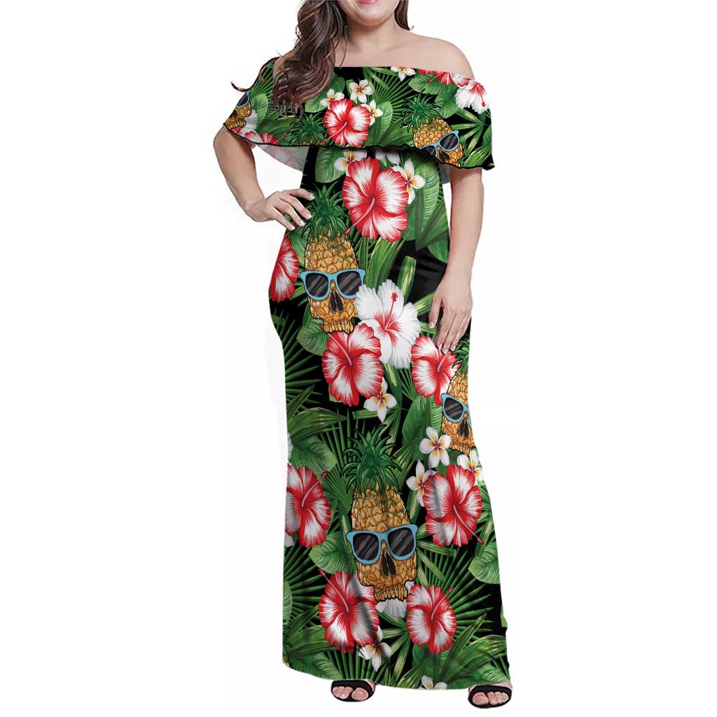 Pineapple Skull Aloha Hawaii Family Matching Off Shoulder Maxi Dress and Hawaiian Shirt Summer Vibes Tropical Seamless Pattern - Polynesian Pride