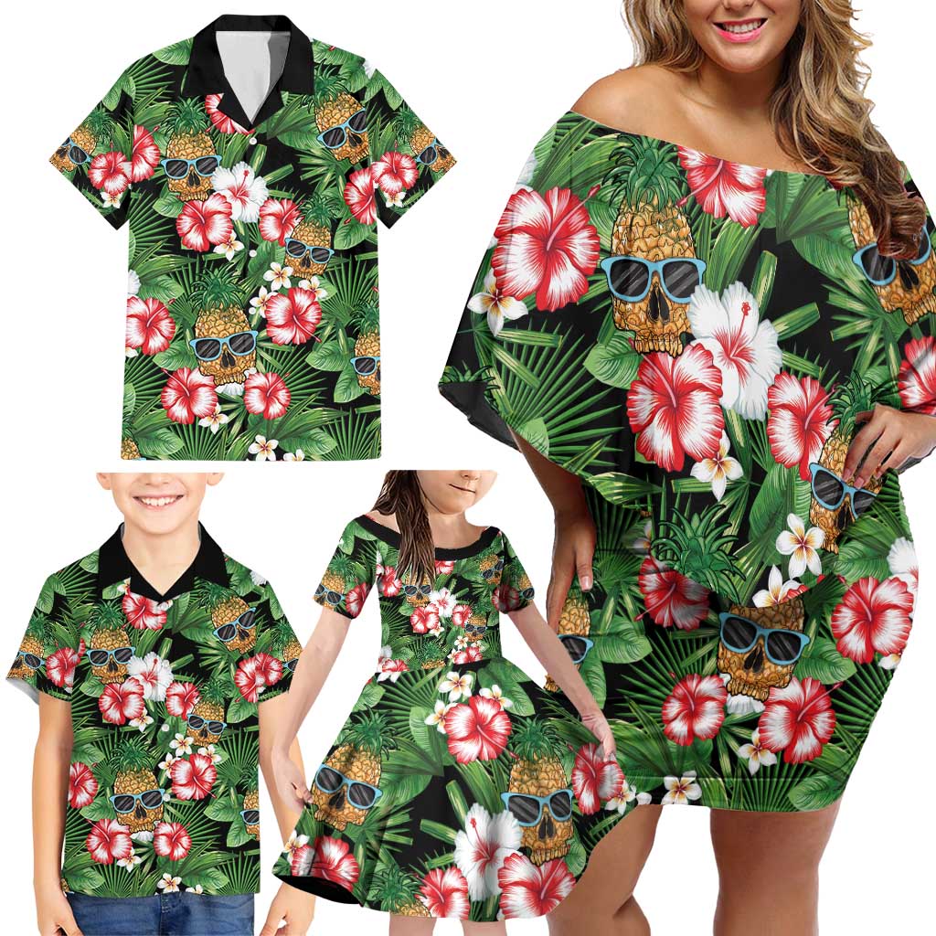Pineapple Skull Aloha Hawaii Family Matching Off Shoulder Short Dress and Hawaiian Shirt Summer Vibes Tropical Seamless Pattern - Polynesian Pride