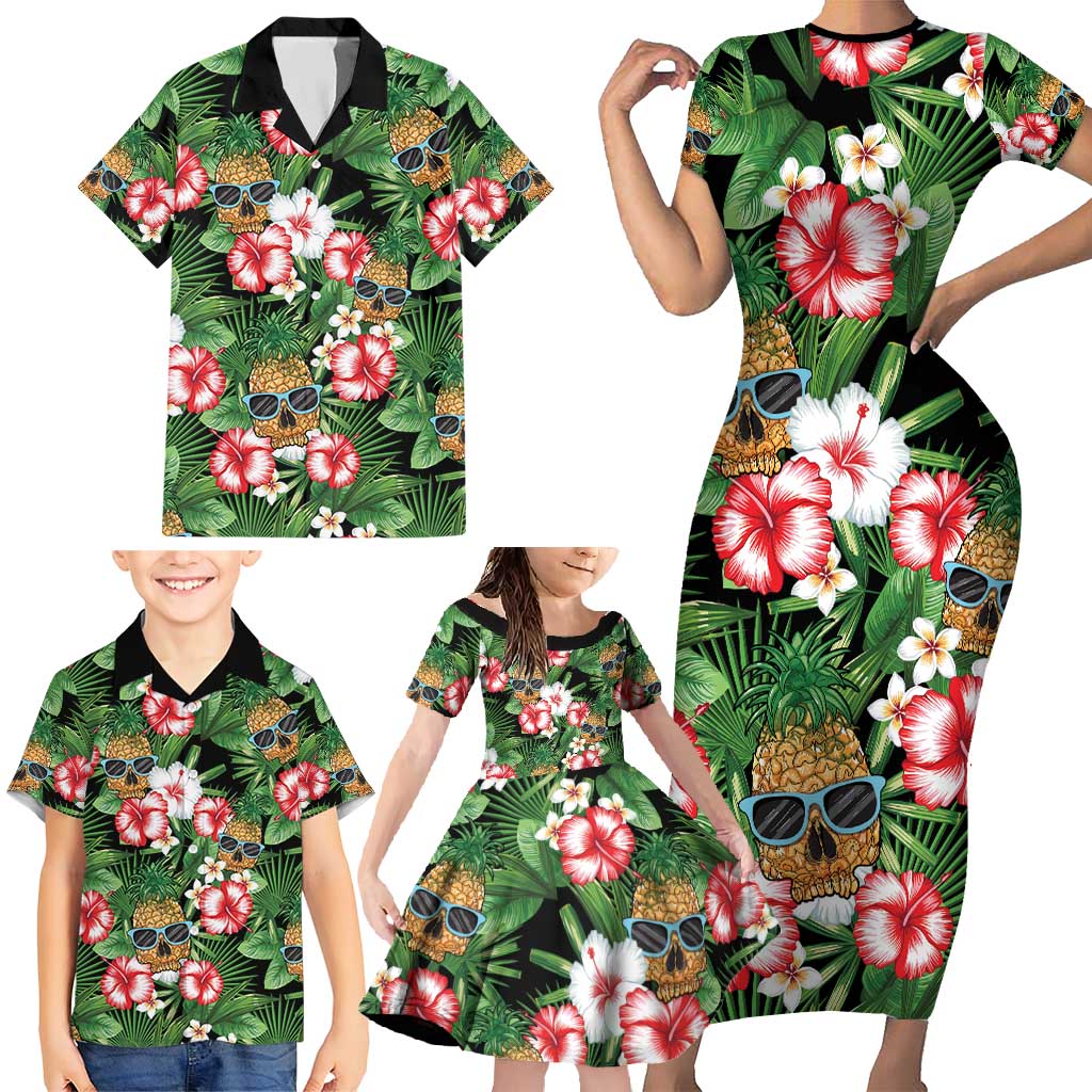 Pineapple Skull Aloha Hawaii Family Matching Short Sleeve Bodycon Dress and Hawaiian Shirt Summer Vibes Tropical Seamless Pattern - Polynesian Pride