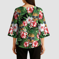 Pineapple Skull Aloha Hawaii Kimono Sleeve Blouse Summer Vibes Tropical Seamless Pattern - Polynesian Pride