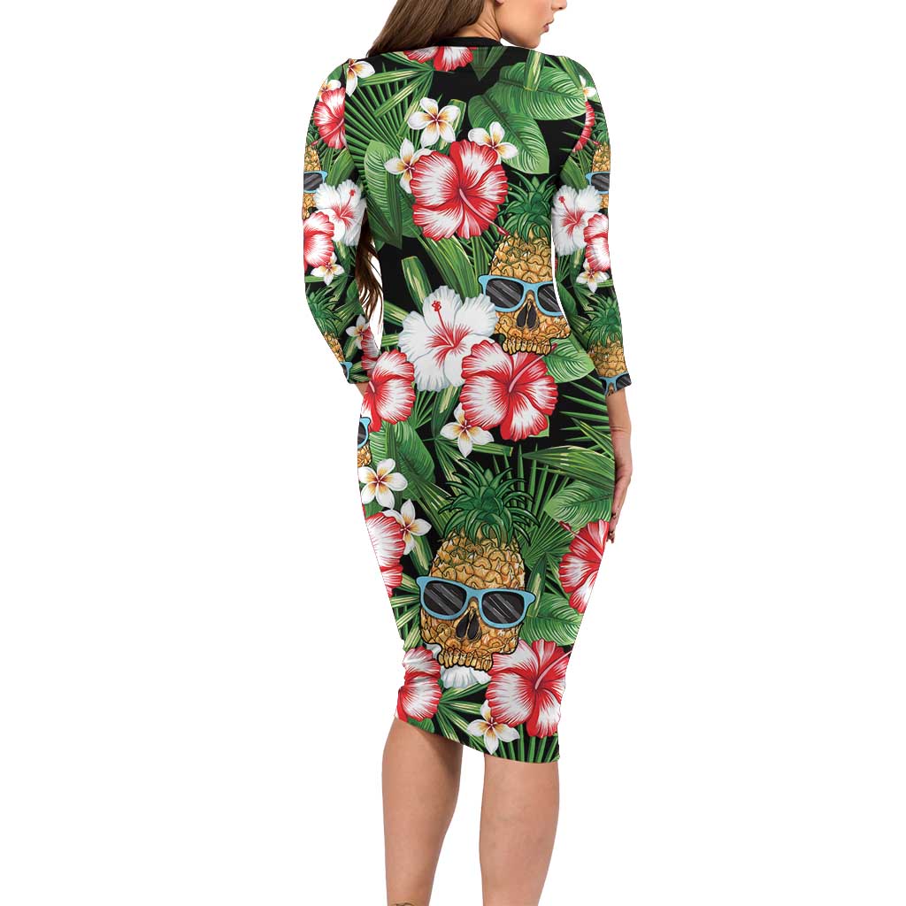 Pineapple Skull Aloha Hawaii Long Sleeve Bodycon Dress Summer Vibes Tropical Seamless Pattern - Polynesian Pride