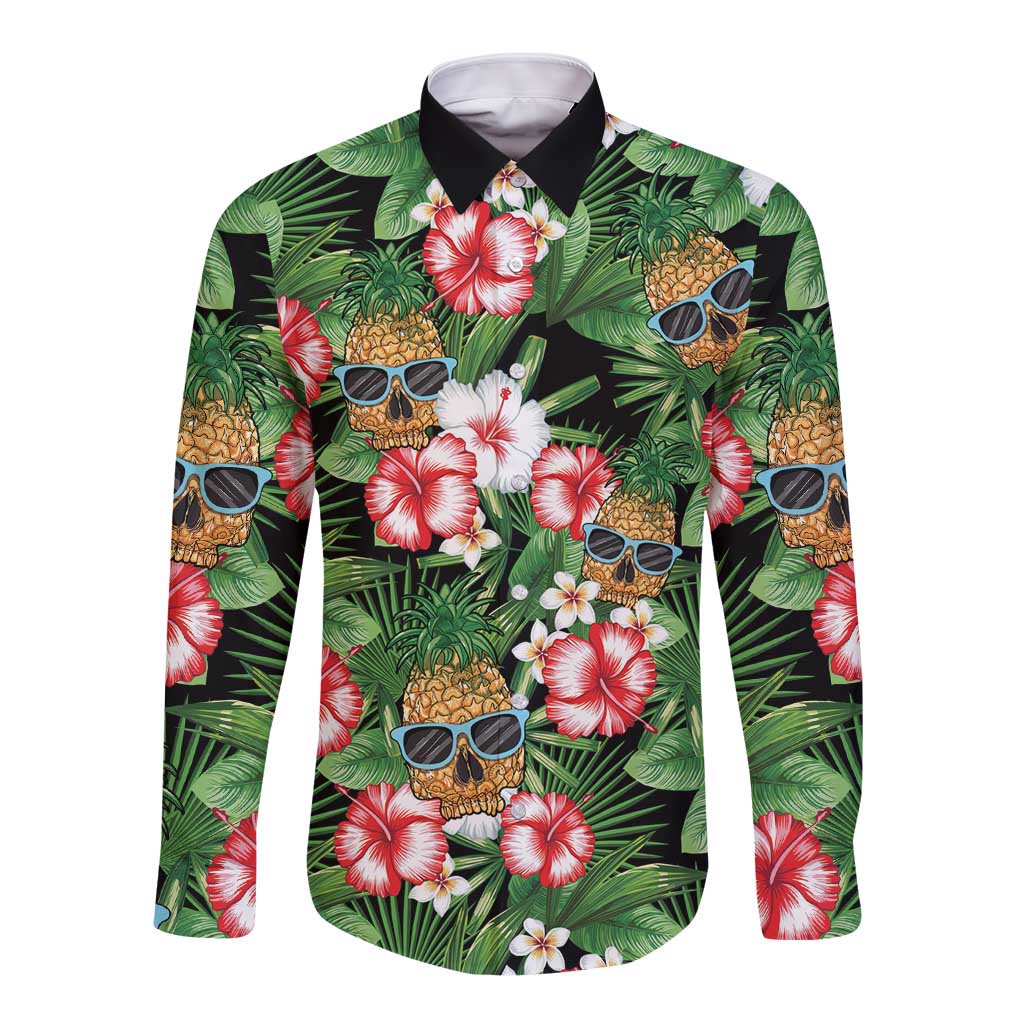 Pineapple Skull Aloha Hawaii Long Sleeve Button Shirt Summer Vibes Tropical Seamless Pattern - Polynesian Pride