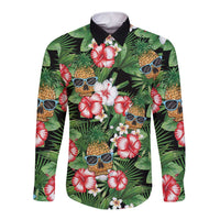 Pineapple Skull Aloha Hawaii Long Sleeve Button Shirt Summer Vibes Tropical Seamless Pattern - Polynesian Pride