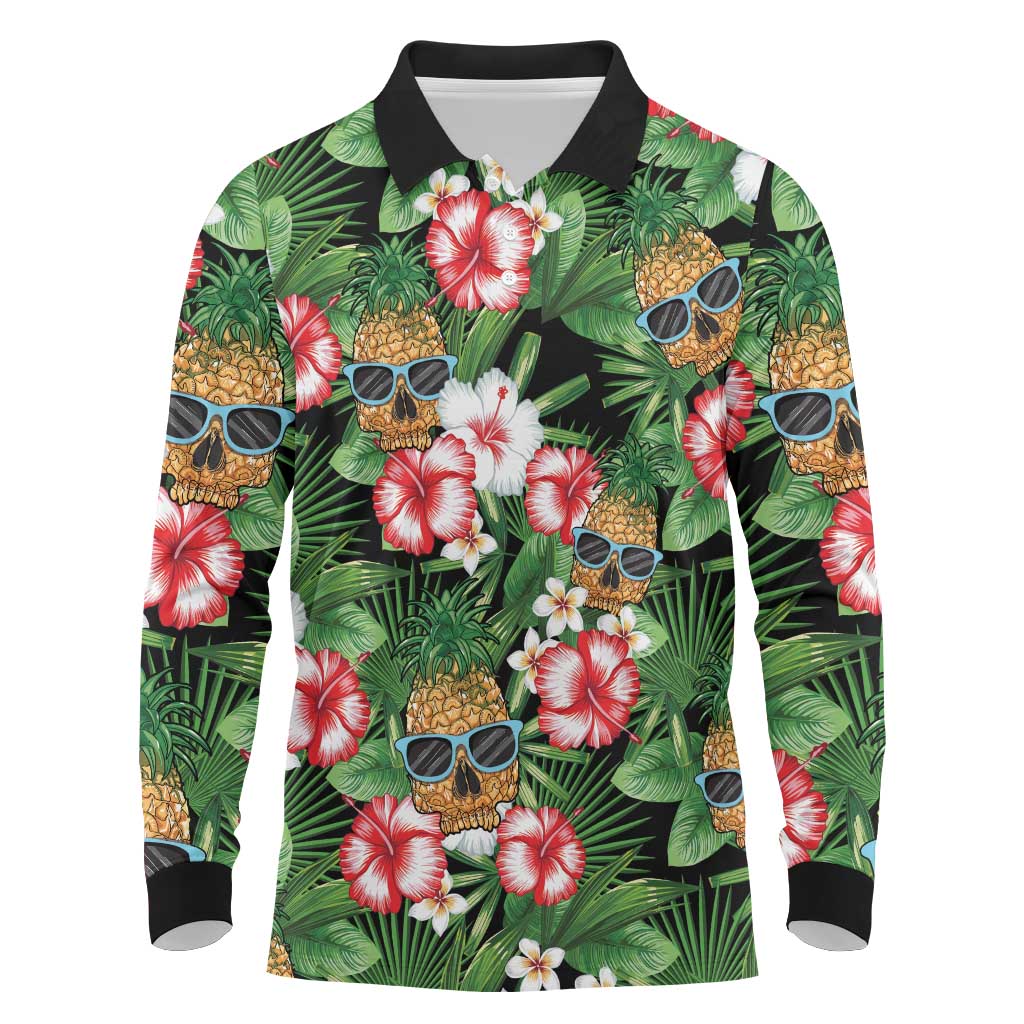 Pineapple Skull Aloha Hawaii Long Sleeve Polo Shirt Summer Vibes Tropical Seamless Pattern - Polynesian Pride