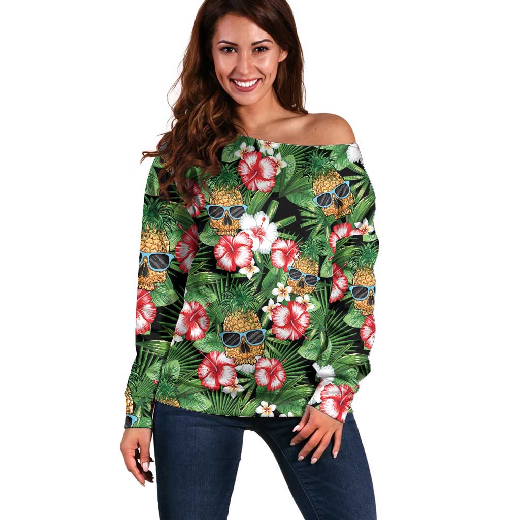 Pineapple Skull Aloha Hawaii Off Shoulder Sweater Summer Vibes Tropical Seamless Pattern - Polynesian Pride