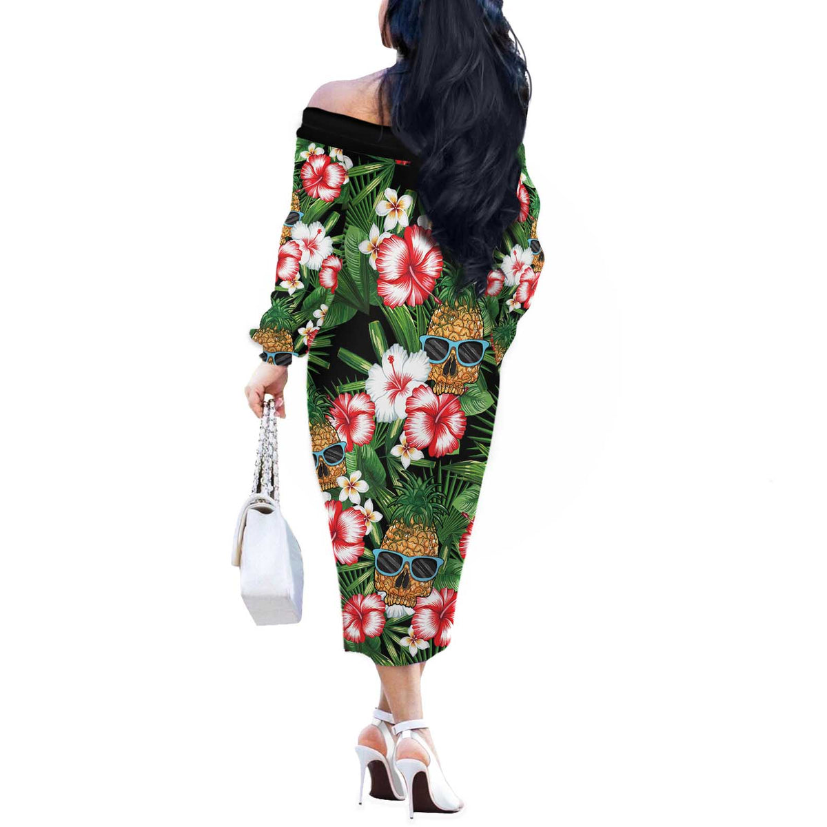 Pineapple Skull Aloha Hawaii Off The Shoulder Long Sleeve Dress Summer Vibes Tropical Seamless Pattern - Polynesian Pride