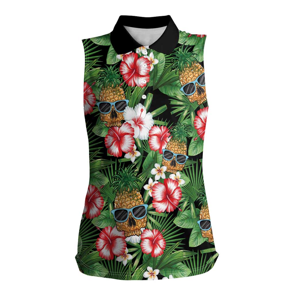 Pineapple Skull Aloha Hawaii Women Sleeveless Polo Shirt Summer Vibes Tropical Seamless Pattern - Polynesian Pride