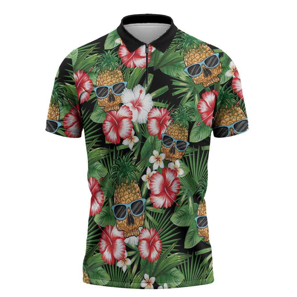 Pineapple Skull Aloha Hawaii Zipper Polo Shirt Summer Vibes Tropical Seamless Pattern - Polynesian Pride