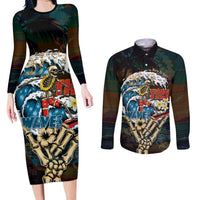 Aloha Hawaii Surfing Skull Couples Matching Long Sleeve Bodycon Dress and Long Sleeve Button Shirt Shaka Skeleton Ride The Waves - Polynesian Pride