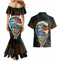Aloha Hawaii Surfing Skull Couples Matching Mermaid Dress and Hawaiian Shirt Shaka Skeleton Ride The Waves - Polynesian Pride