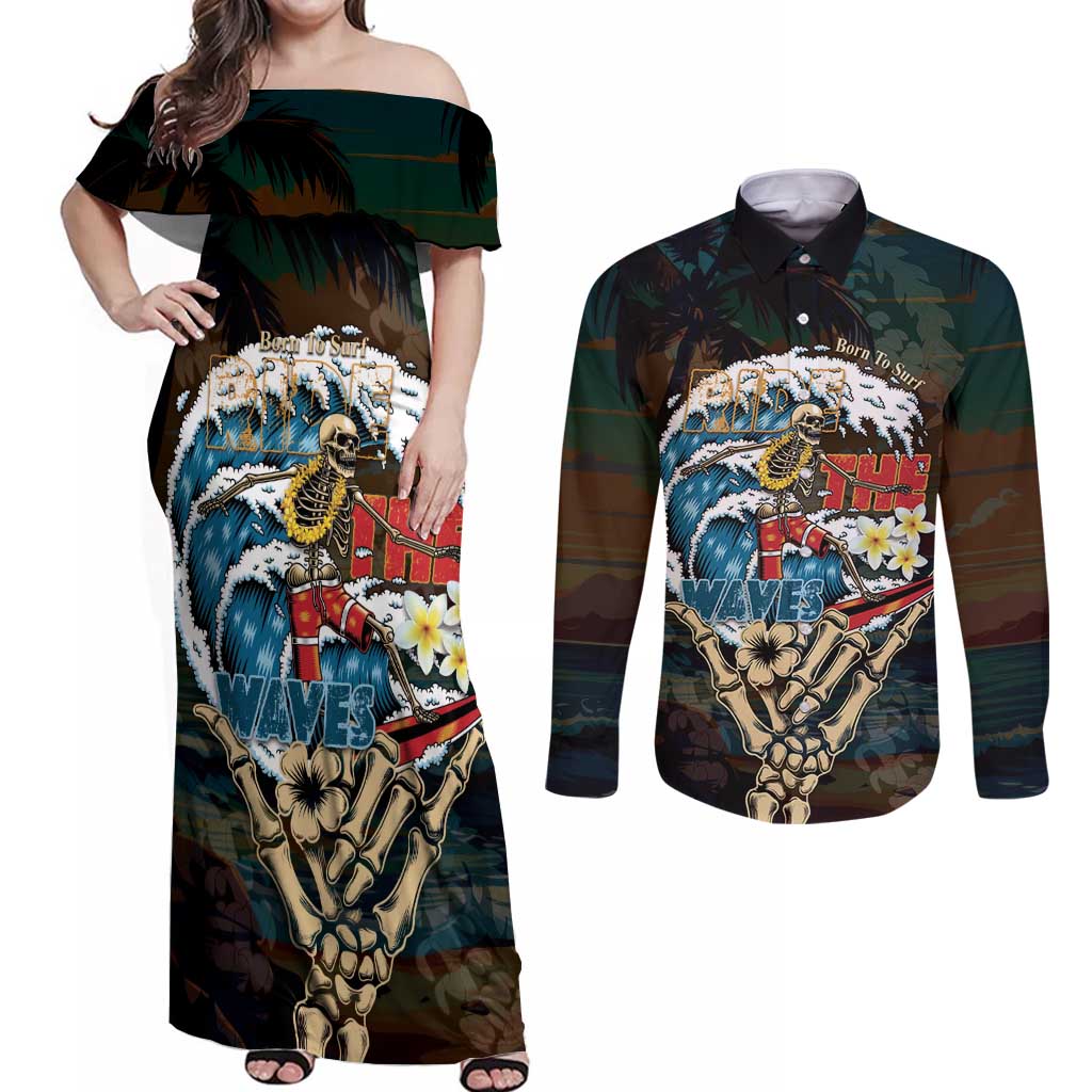Aloha Hawaii Surfing Skull Couples Matching Off Shoulder Maxi Dress and Long Sleeve Button Shirt Shaka Skeleton Ride The Waves - Polynesian Pride