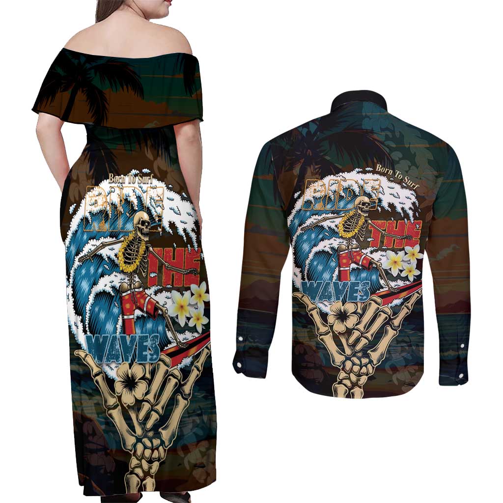 Aloha Hawaii Surfing Skull Couples Matching Off Shoulder Maxi Dress and Long Sleeve Button Shirt Shaka Skeleton Ride The Waves - Polynesian Pride