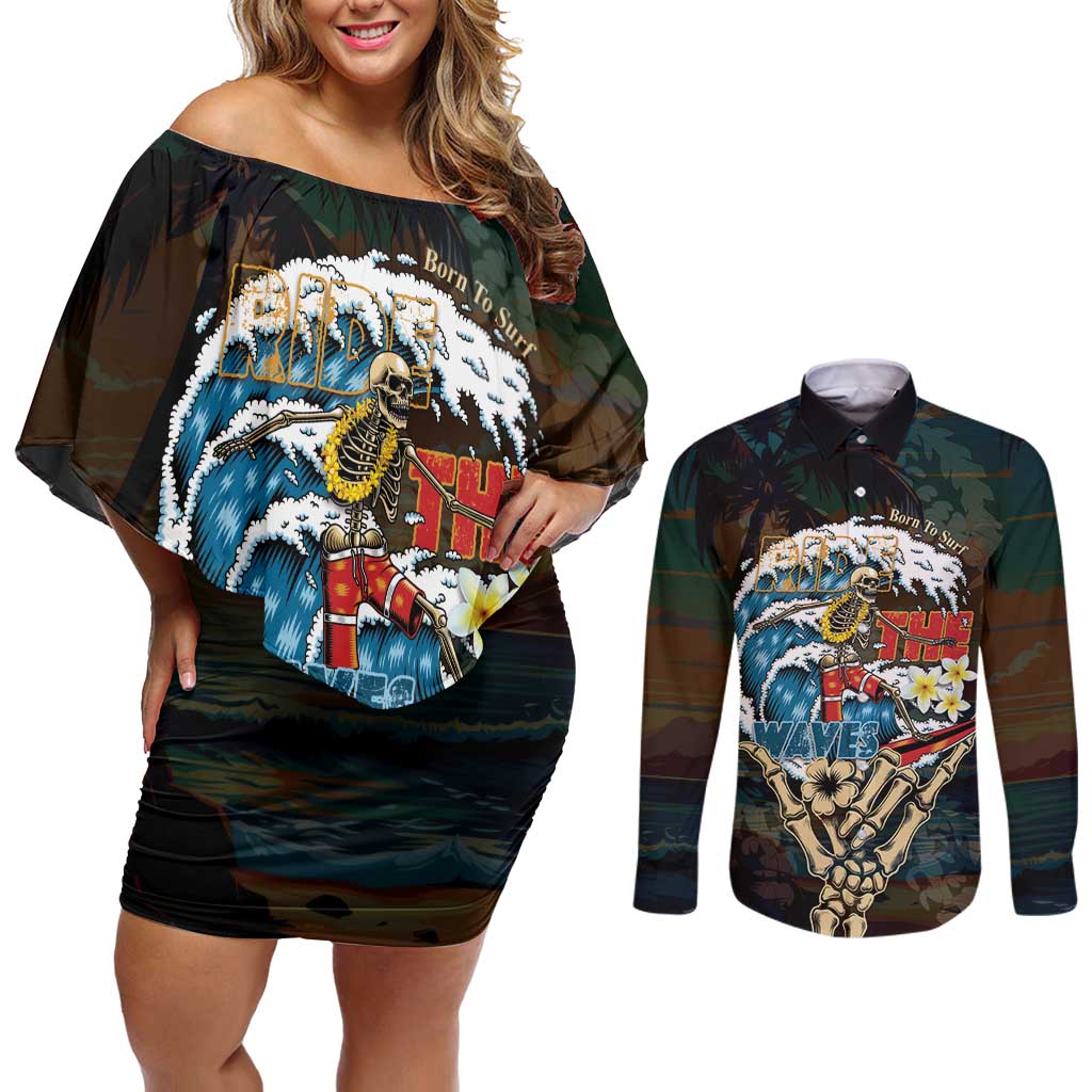 Aloha Hawaii Surfing Skull Couples Matching Off Shoulder Short Dress and Long Sleeve Button Shirt Shaka Skeleton Ride The Waves - Polynesian Pride