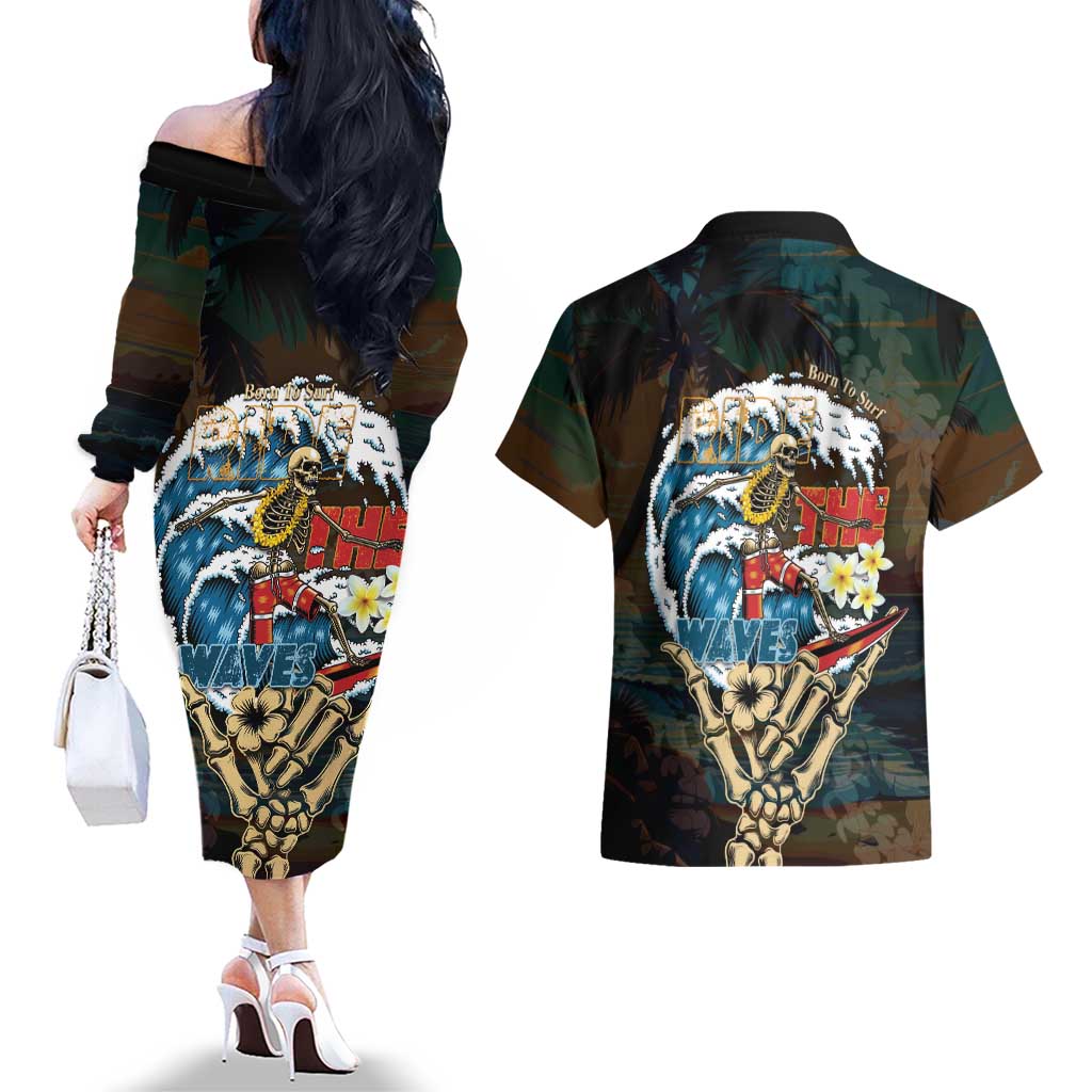Aloha Hawaii Surfing Skull Couples Matching Off The Shoulder Long Sleeve Dress and Hawaiian Shirt Shaka Skeleton Ride The Waves - Polynesian Pride