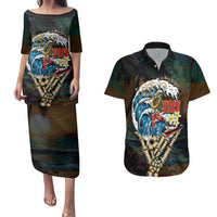 Aloha Hawaii Surfing Skull Couples Matching Puletasi and Hawaiian Shirt Shaka Skeleton Ride The Waves - Polynesian Pride