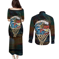 Aloha Hawaii Surfing Skull Couples Matching Puletasi and Long Sleeve Button Shirt Shaka Skeleton Ride The Waves - Polynesian Pride