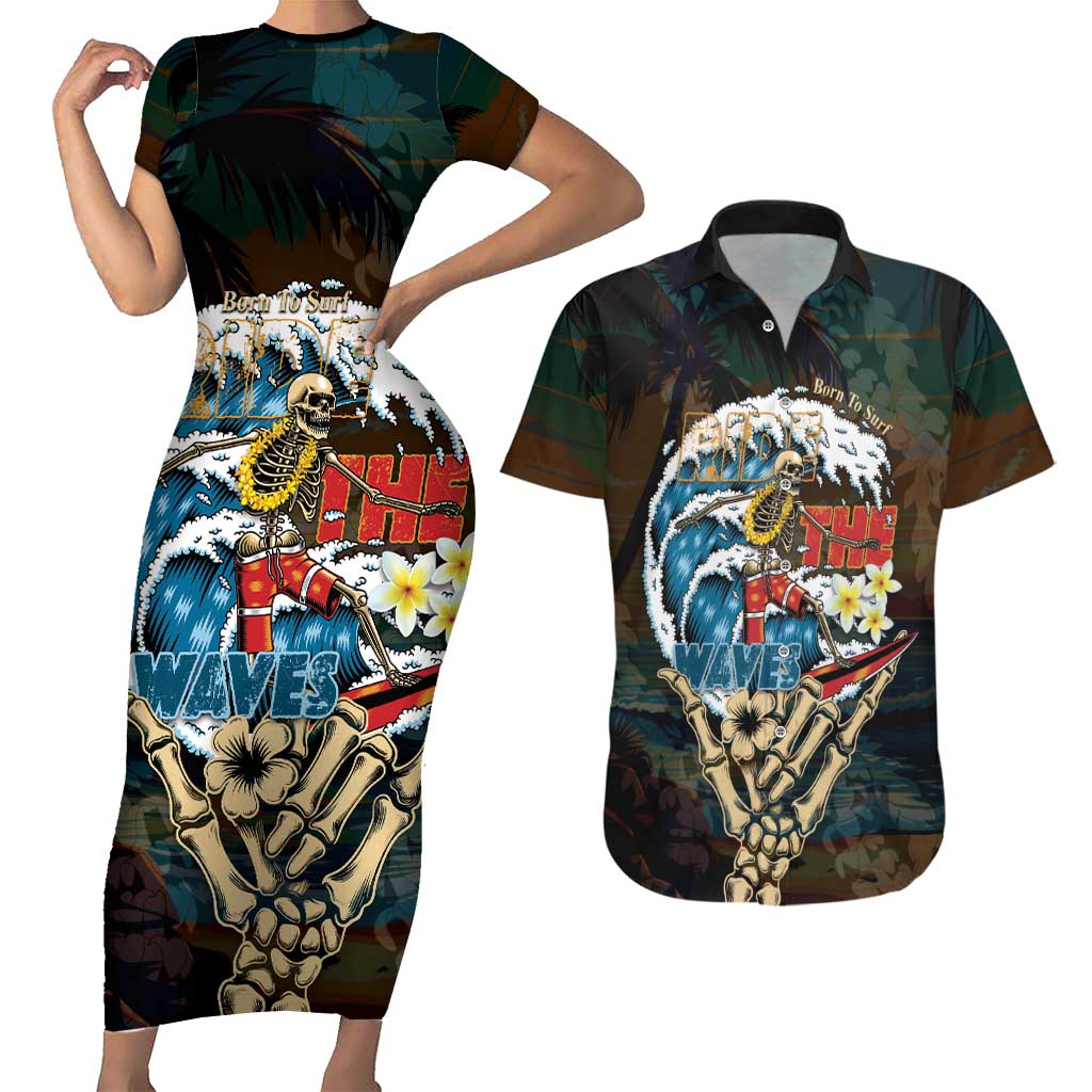 Aloha Hawaii Surfing Skull Couples Matching Short Sleeve Bodycon Dress and Hawaiian Shirt Shaka Skeleton Ride The Waves - Polynesian Pride