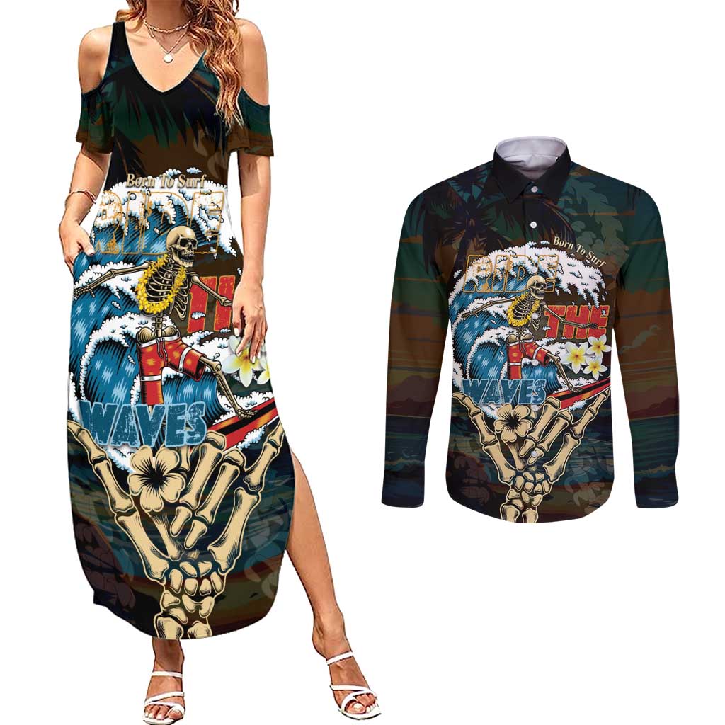 Aloha Hawaii Surfing Skull Couples Matching Summer Maxi Dress and Long Sleeve Button Shirt Shaka Skeleton Ride The Waves - Polynesian Pride