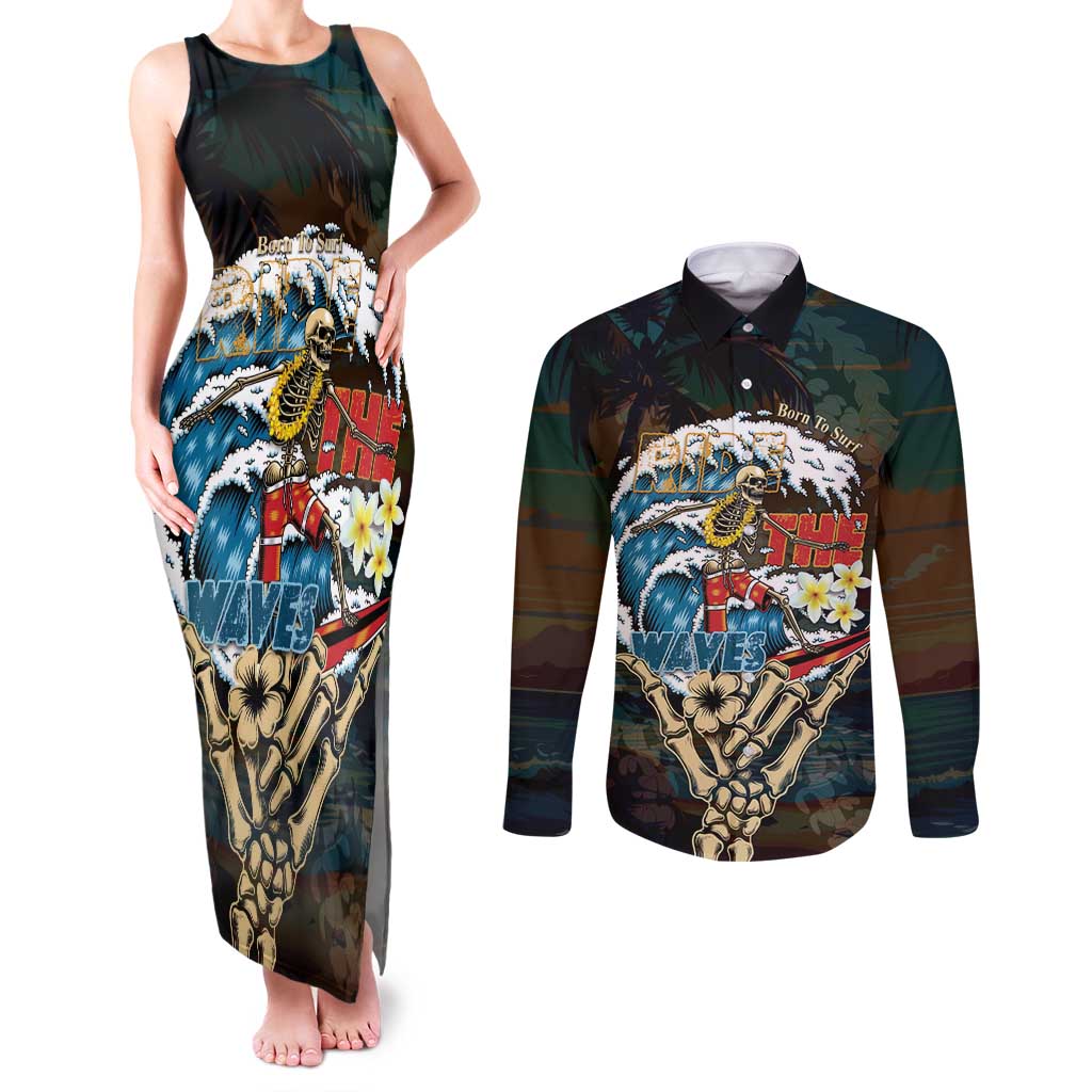 Aloha Hawaii Surfing Skull Couples Matching Tank Maxi Dress and Long Sleeve Button Shirt Shaka Skeleton Ride The Waves - Polynesian Pride