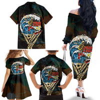 Aloha Hawaii Surfing Skull Family Matching Off The Shoulder Long Sleeve Dress and Hawaiian Shirt Shaka Skeleton Ride The Waves - Polynesian Pride