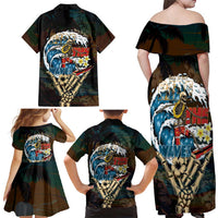 Aloha Hawaii Surfing Skull Family Matching Off Shoulder Maxi Dress and Hawaiian Shirt Shaka Skeleton Ride The Waves - Polynesian Pride