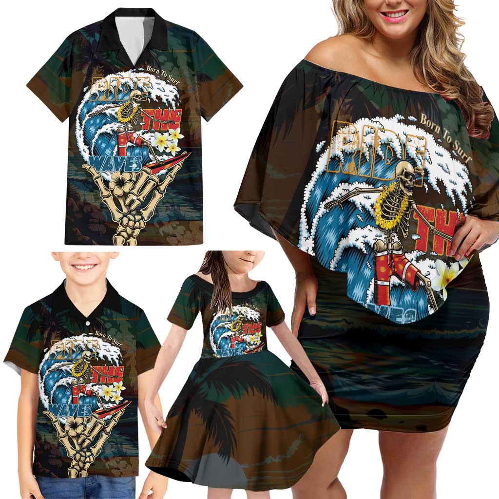 Aloha Hawaii Surfing Skull Family Matching Off Shoulder Short Dress and Hawaiian Shirt Shaka Skeleton Ride The Waves - Polynesian Pride