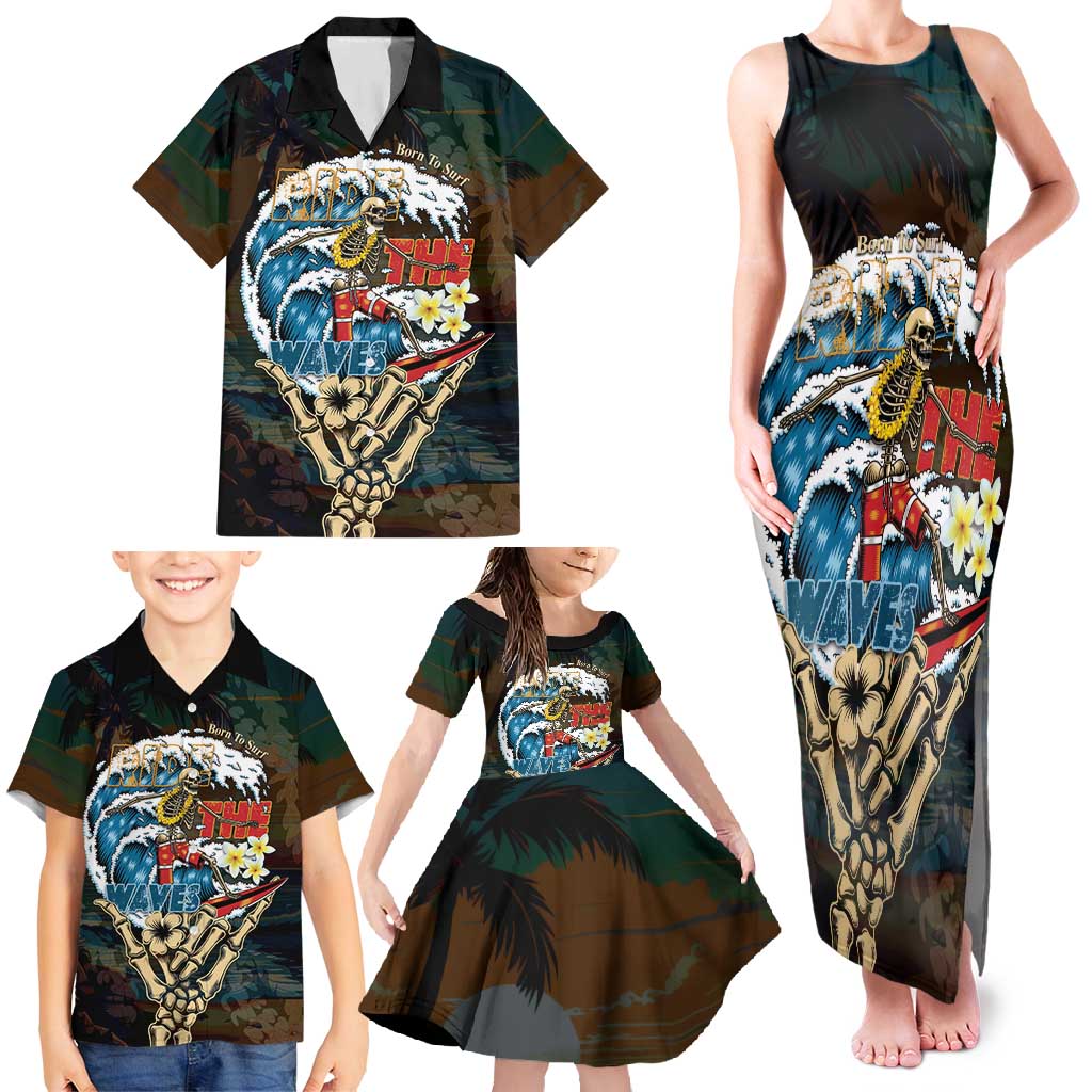 Aloha Hawaii Surfing Skull Family Matching Tank Maxi Dress and Hawaiian Shirt Shaka Skeleton Ride The Waves - Polynesian Pride