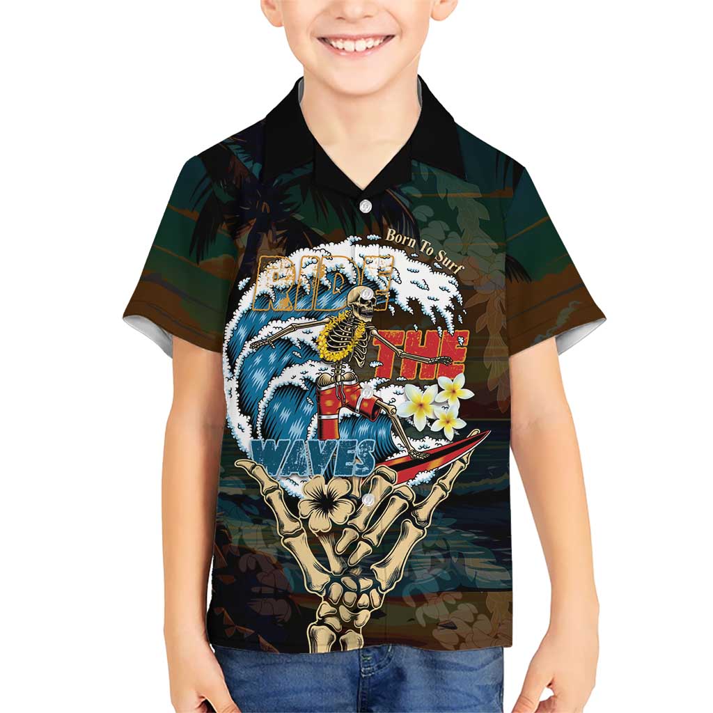 Aloha Hawaii Surfing Skull Kid Hawaiian Shirt Shaka Skeleton Ride The Waves LT14 Kid Black - Polynesian Pride
