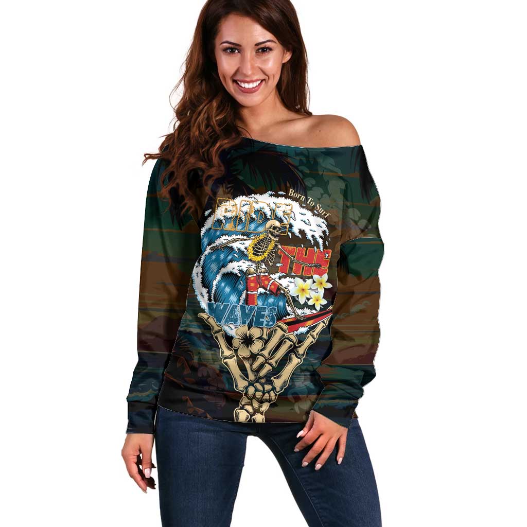 Aloha Hawaii Surfing Skull Off Shoulder Sweater Shaka Skeleton Ride The Waves - Polynesian Pride