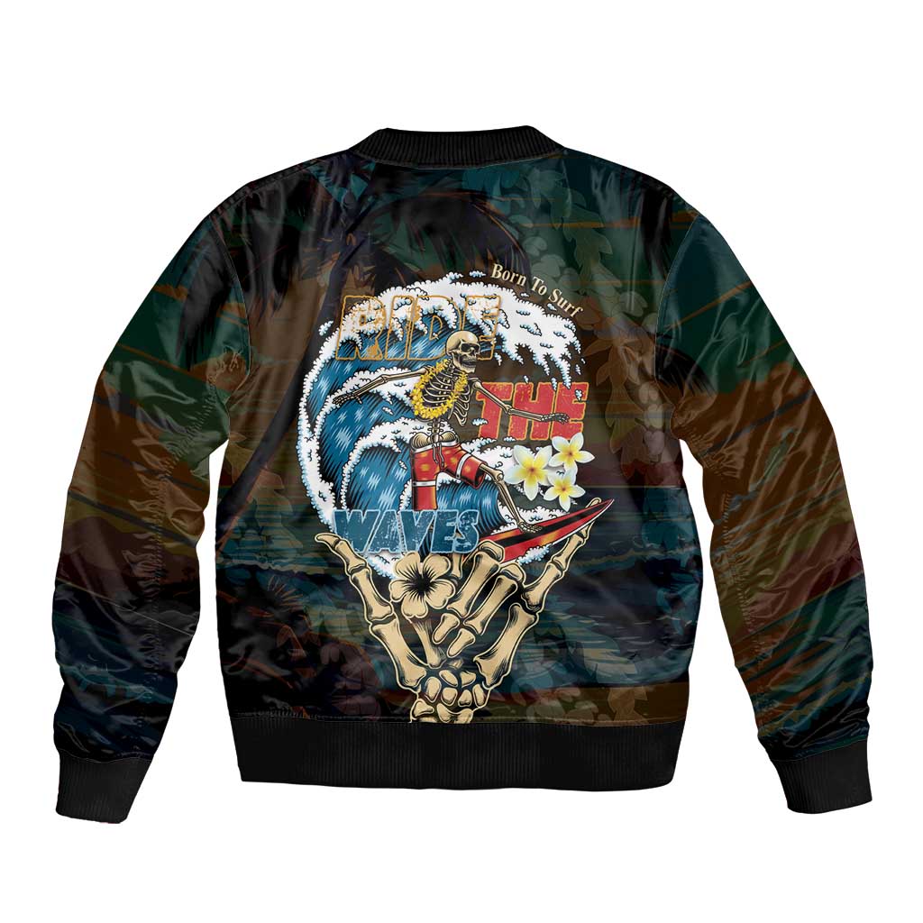 Aloha Hawaii Surfing Skull Sleeve Zip Bomber Jacket Shaka Skeleton Ride The Waves - Polynesian Pride