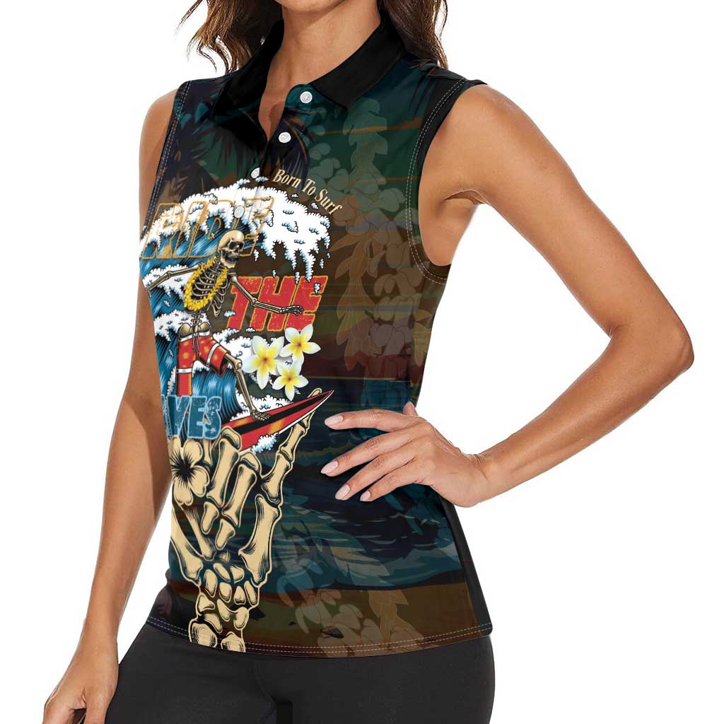 Aloha Hawaii Surfing Skull Women Sleeveless Polo Shirt Shaka Skeleton Ride The Waves - Polynesian Pride