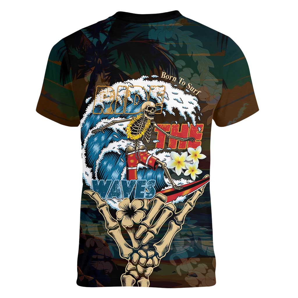 Aloha Hawaii Surfing Skull Women V-Neck T-Shirt Shaka Skeleton Ride The Waves - Polynesian Pride