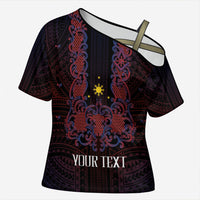 Personalised Philippines Barong Tagalog Freemasonry Cross Shoulder Shirt Filipino Masonic Polynesian Pattern LT14 Female Black - Polynesian Pride