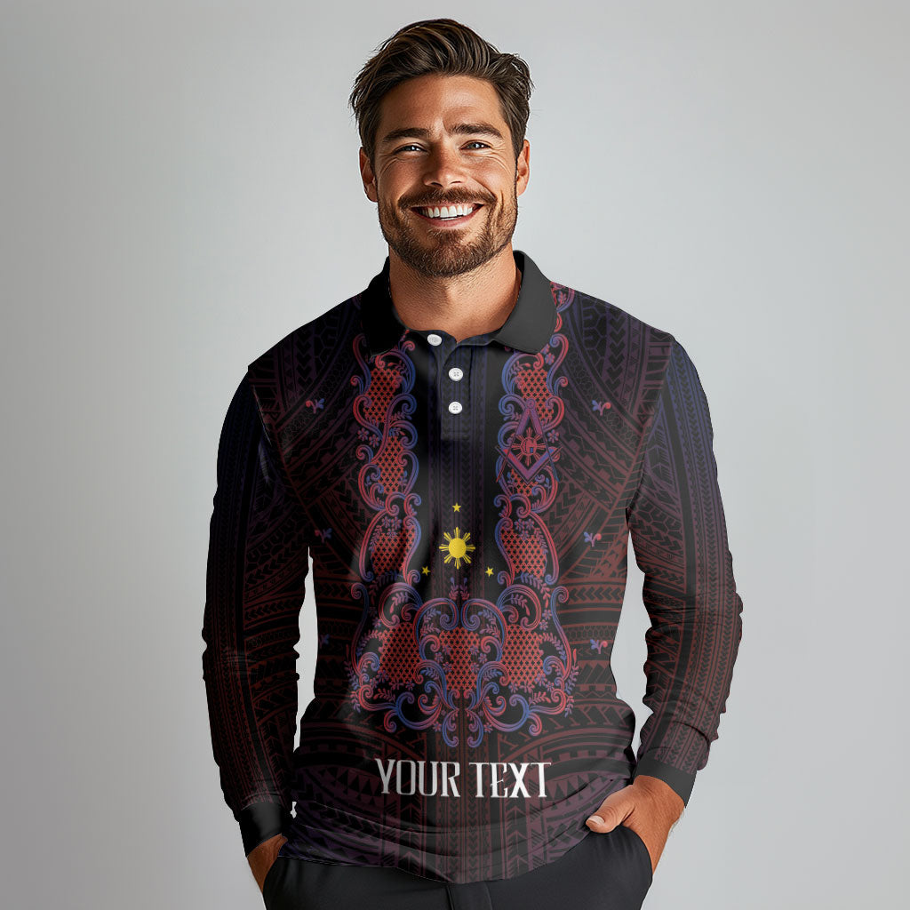 Personalised Philippines Barong Tagalog Freemasonry Long Sleeve Polo Shirt Filipino Masonic Polynesian Pattern LT14 - Polynesian Pride