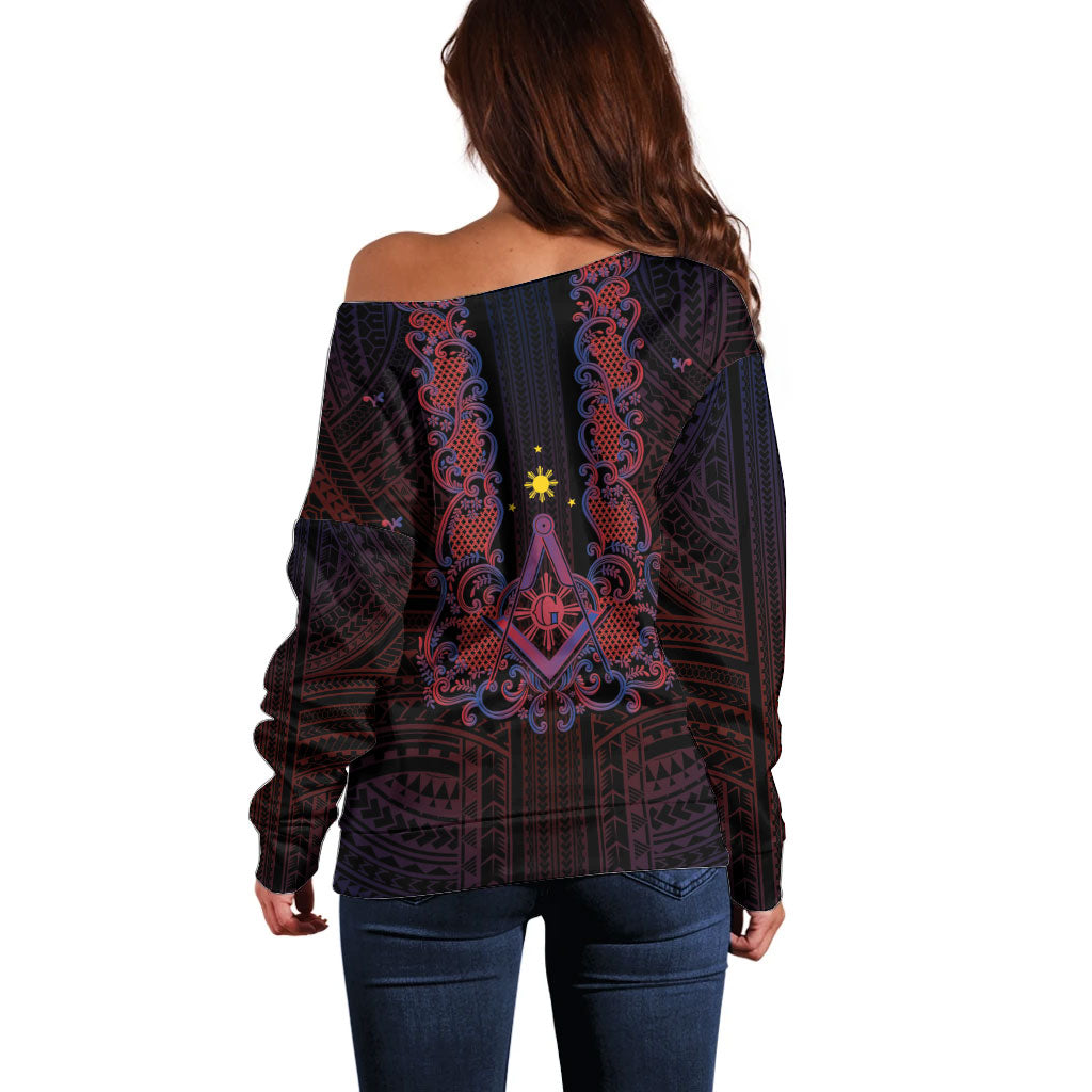 Personalised Philippines Barong Tagalog Freemasonry Off Shoulder Sweater Filipino Masonic Polynesian Pattern LT14 - Polynesian Pride