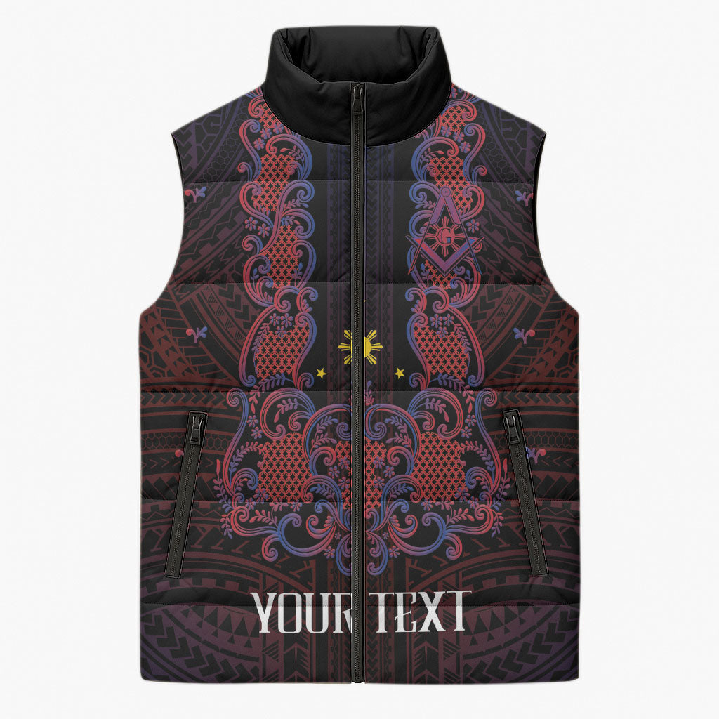 Personalised Philippines Barong Tagalog Freemasonry Sleeveless Puffer Jacket Filipino Masonic Polynesian Pattern LT14 Unisex Black - Polynesian Pride